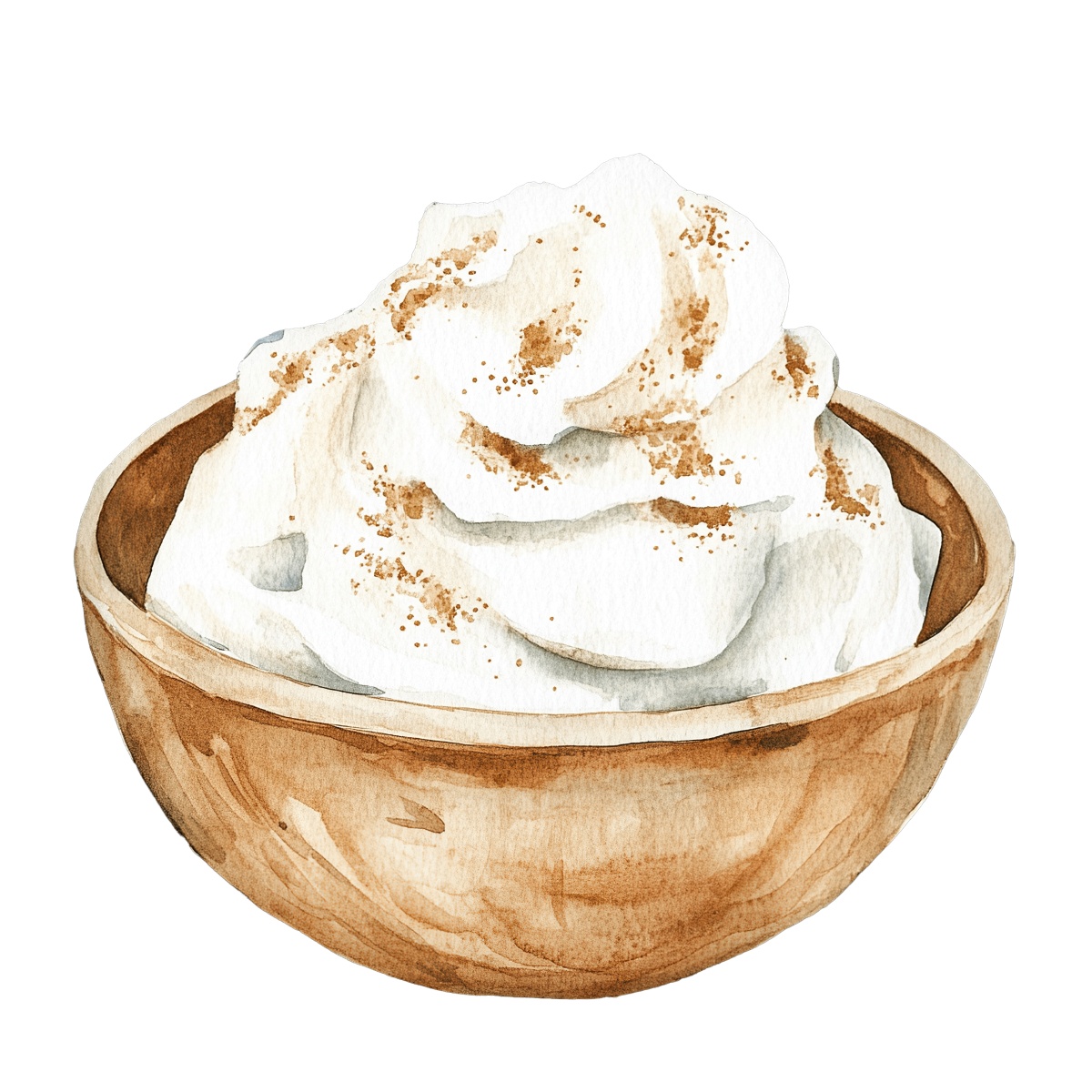 Wooden bowl filled with whipped cream and sprinkled with cinnamon powder.