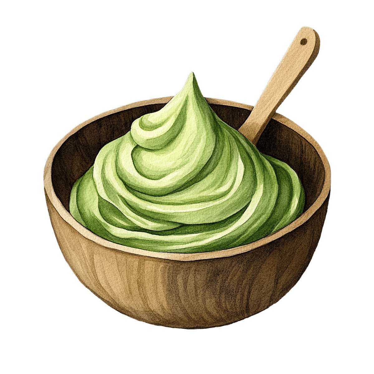 Wooden bowl filled with creamy green matcha and a wooden spoon.