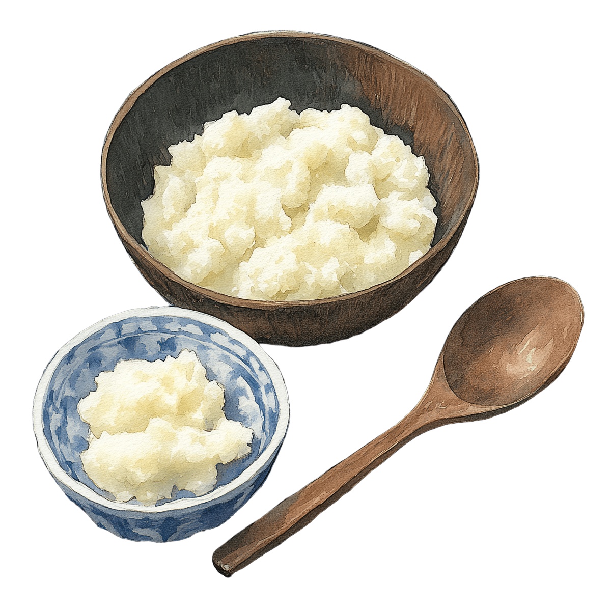 Wooden and ceramic bowls of mashed potatoes with a wooden spoon.