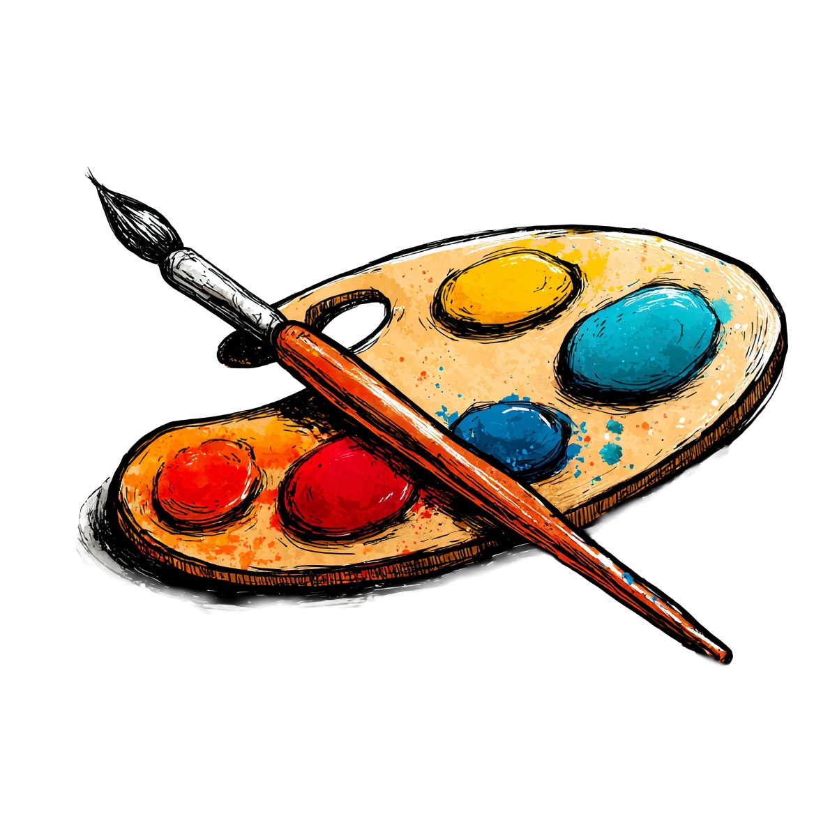 Wooden artist palette with colorful paint blobs and a brush