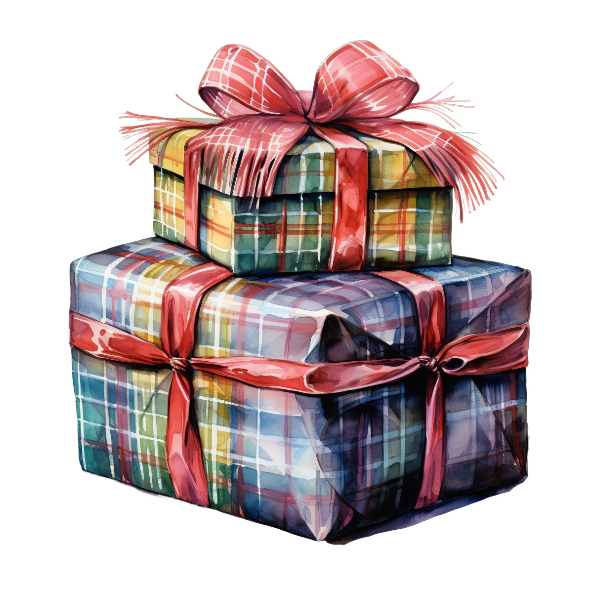 Two stacked gift boxes wrapped in plaid with red ribbons and bows.