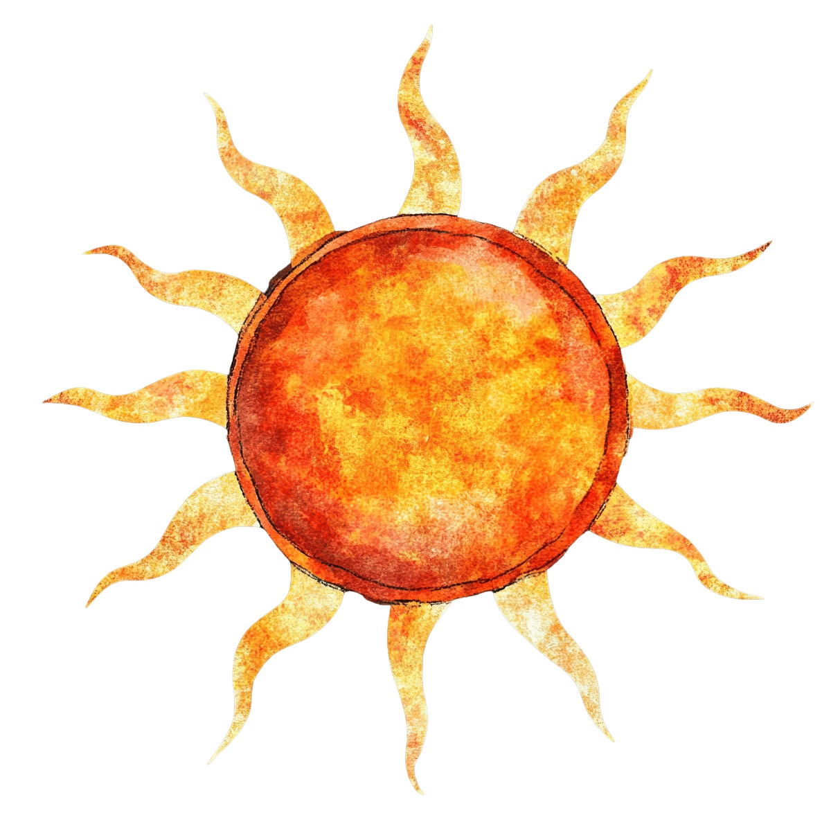 Yellow and orange sun with wavy rays set against a black background.