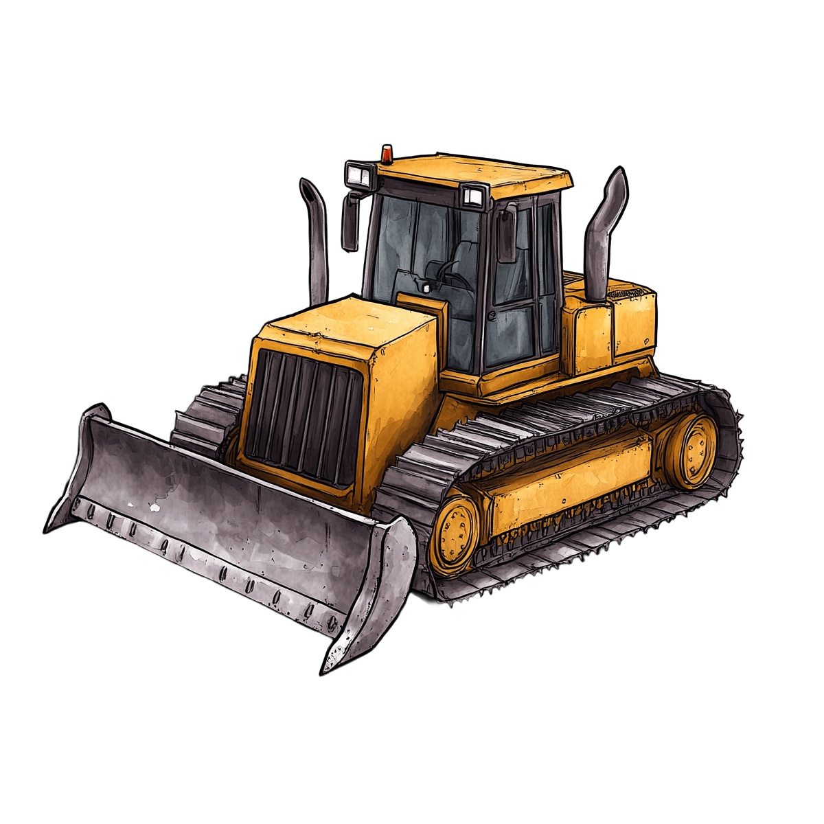 Yellow bulldozer with large front blade and tracks on black background.