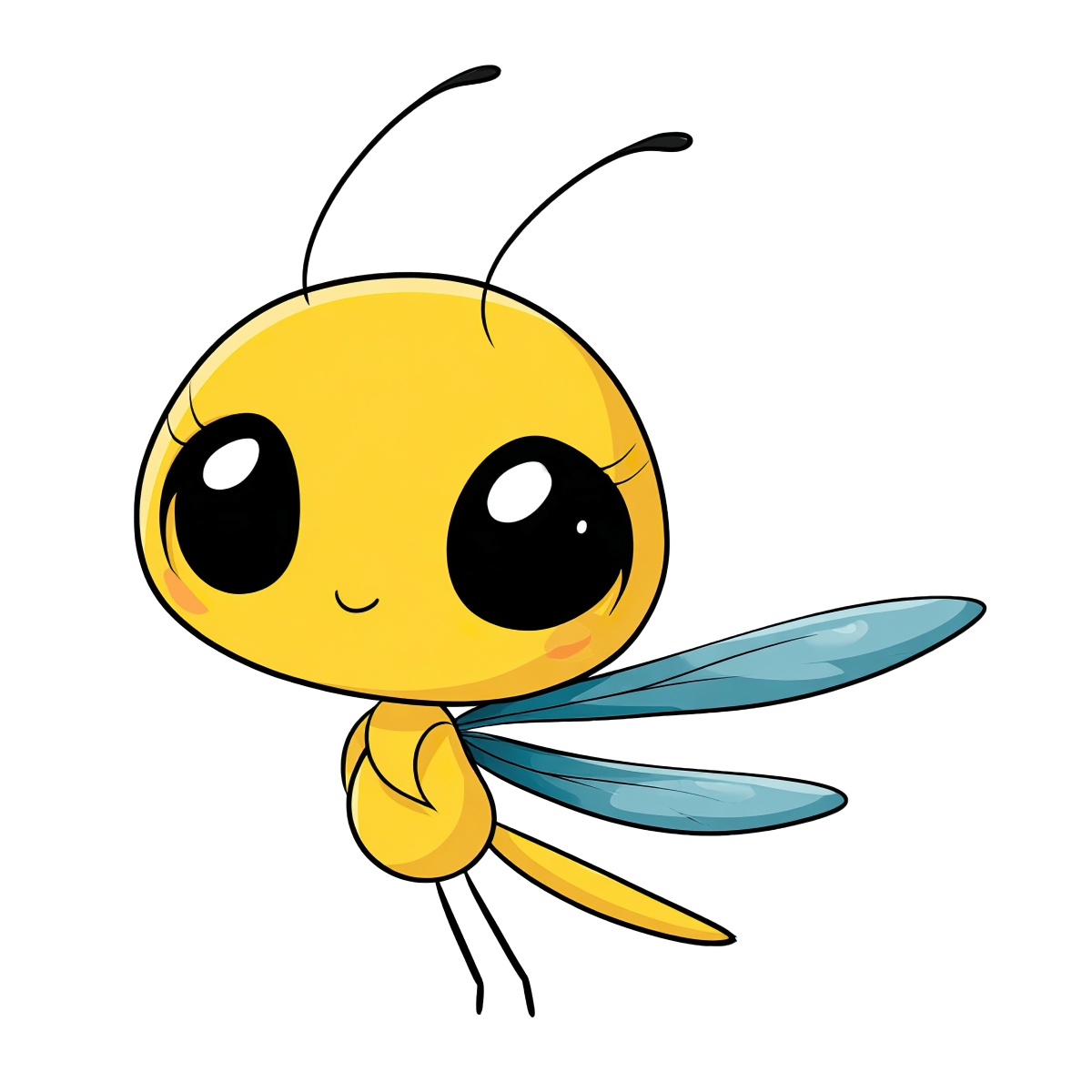 Yellow cartoon insect with large eyes and translucent blue wings.