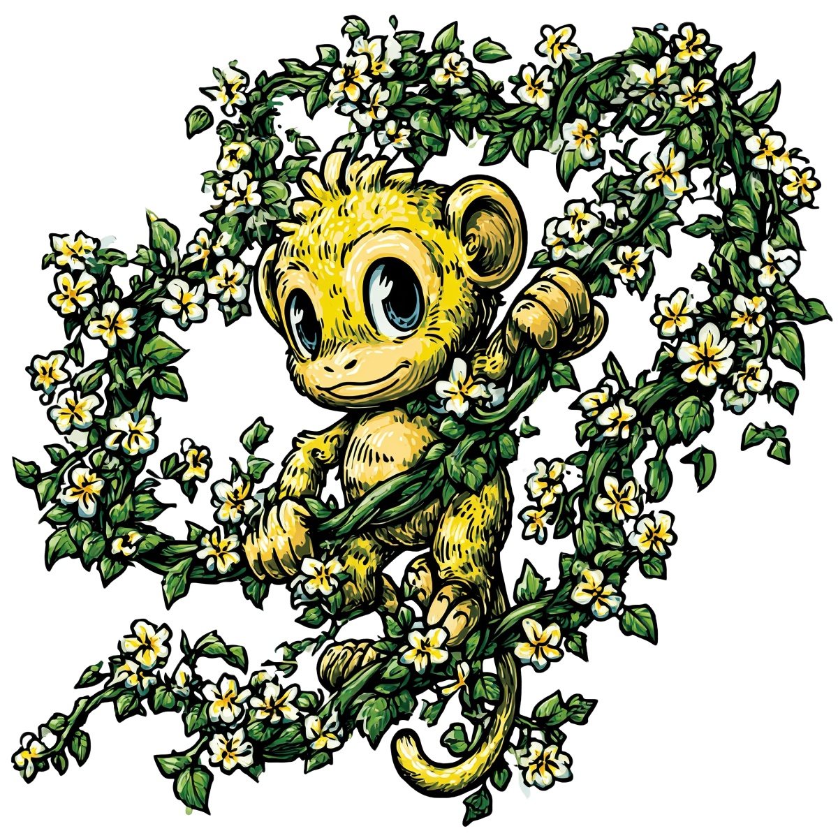 Cartoon monkey in yellow, holding a flowering vine with green leaves and white flowers.