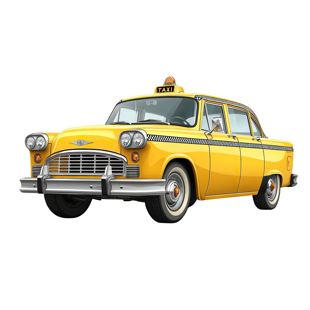 Yellow taxi with checkered stripe