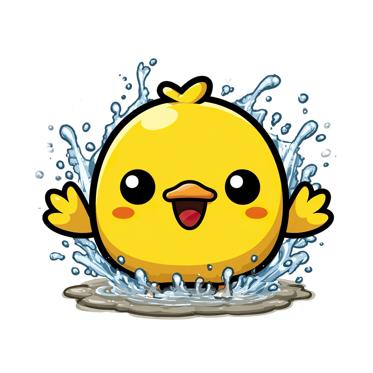Yellow chick splashes in water with open wings and a rounded body.