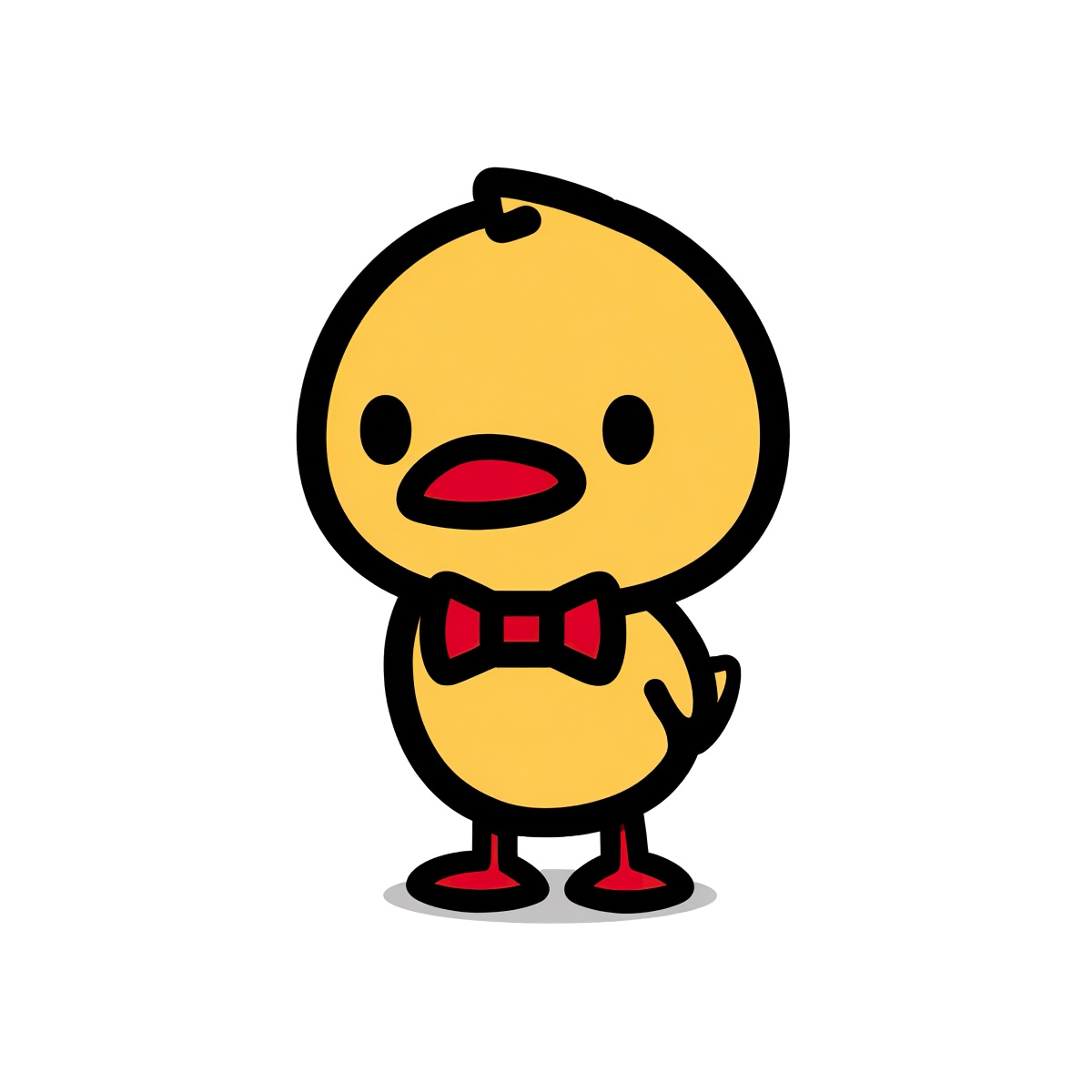 Cartoon yellow chick wearing a red bow tie and shoes.