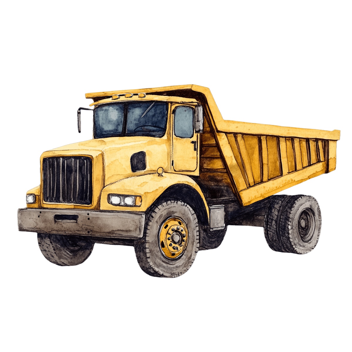 Detailed watercolor illustration of a large yellow dump truck with big wheels.
