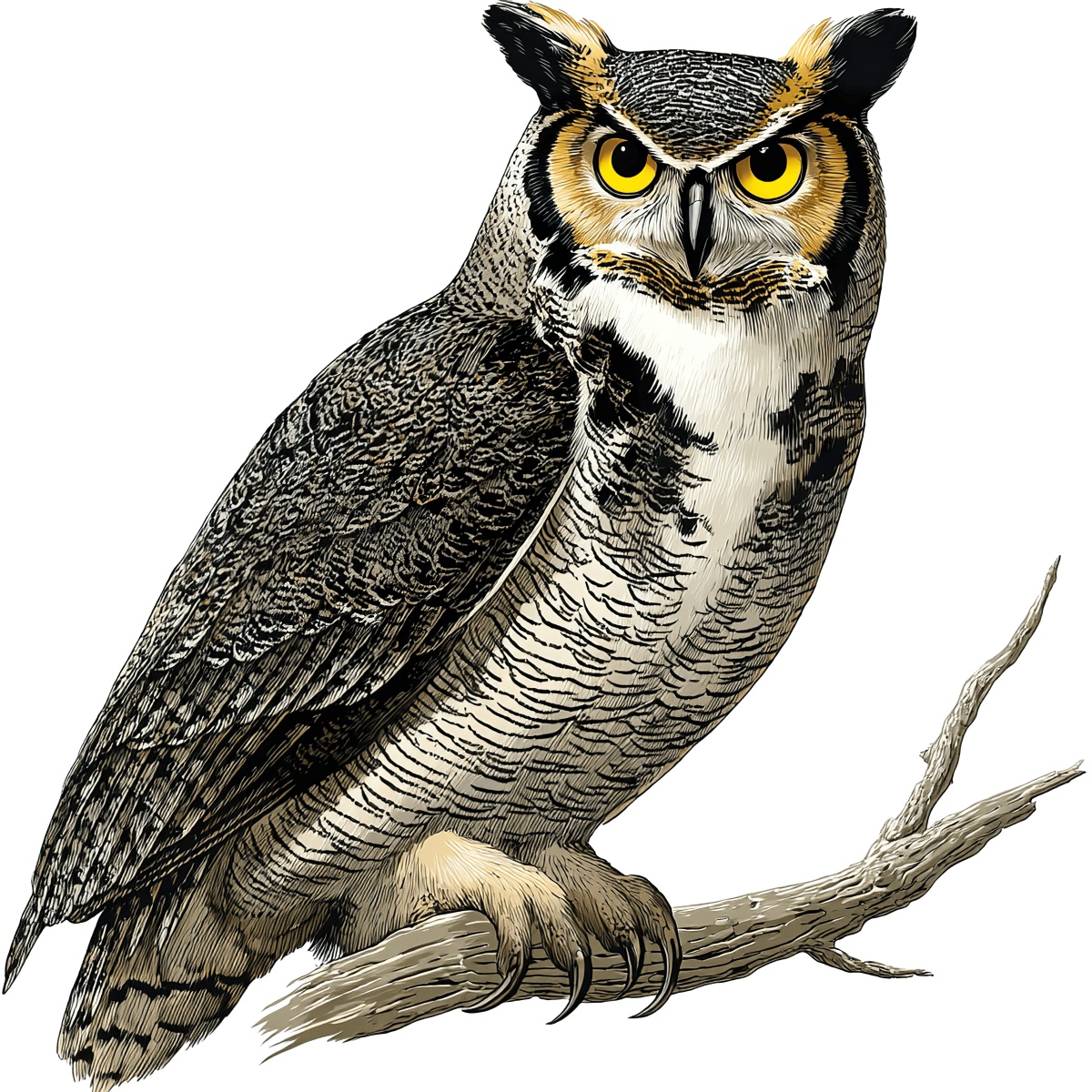 Colorful owl with striking yellow eyes perched on a branch