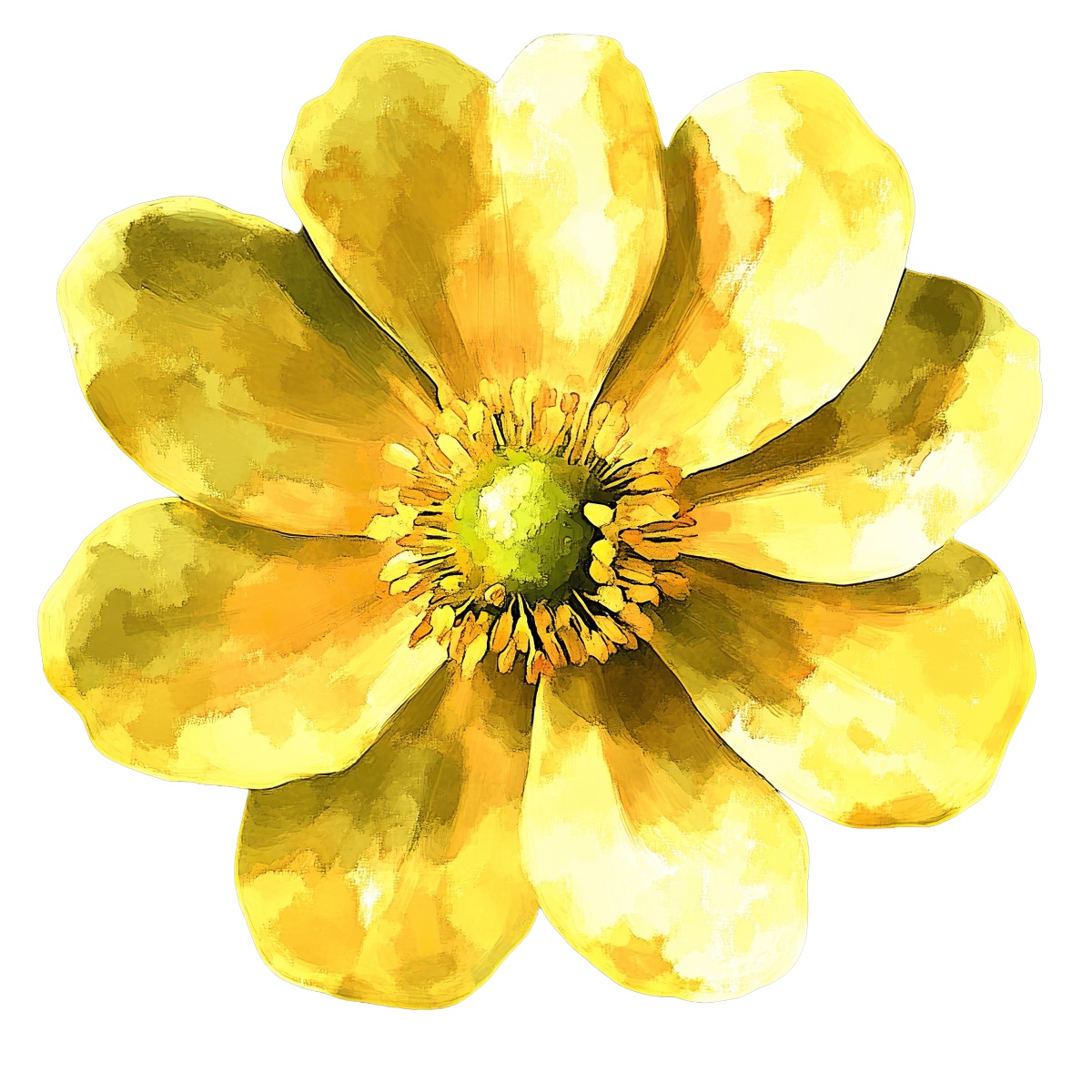 Yellow flower with large petals and a green center isolated on black.