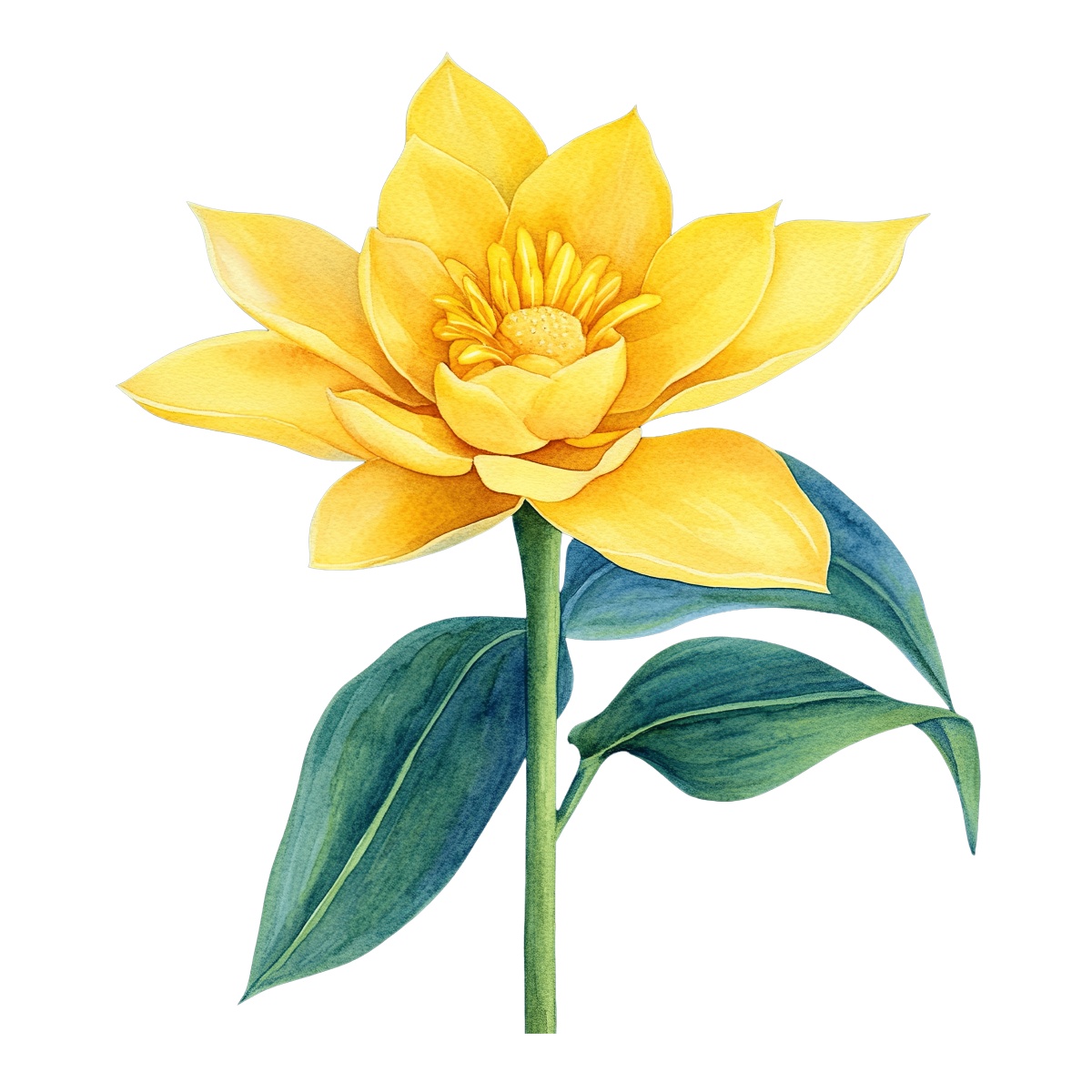 Yellow lotus flower with green leaves and detailed petals.