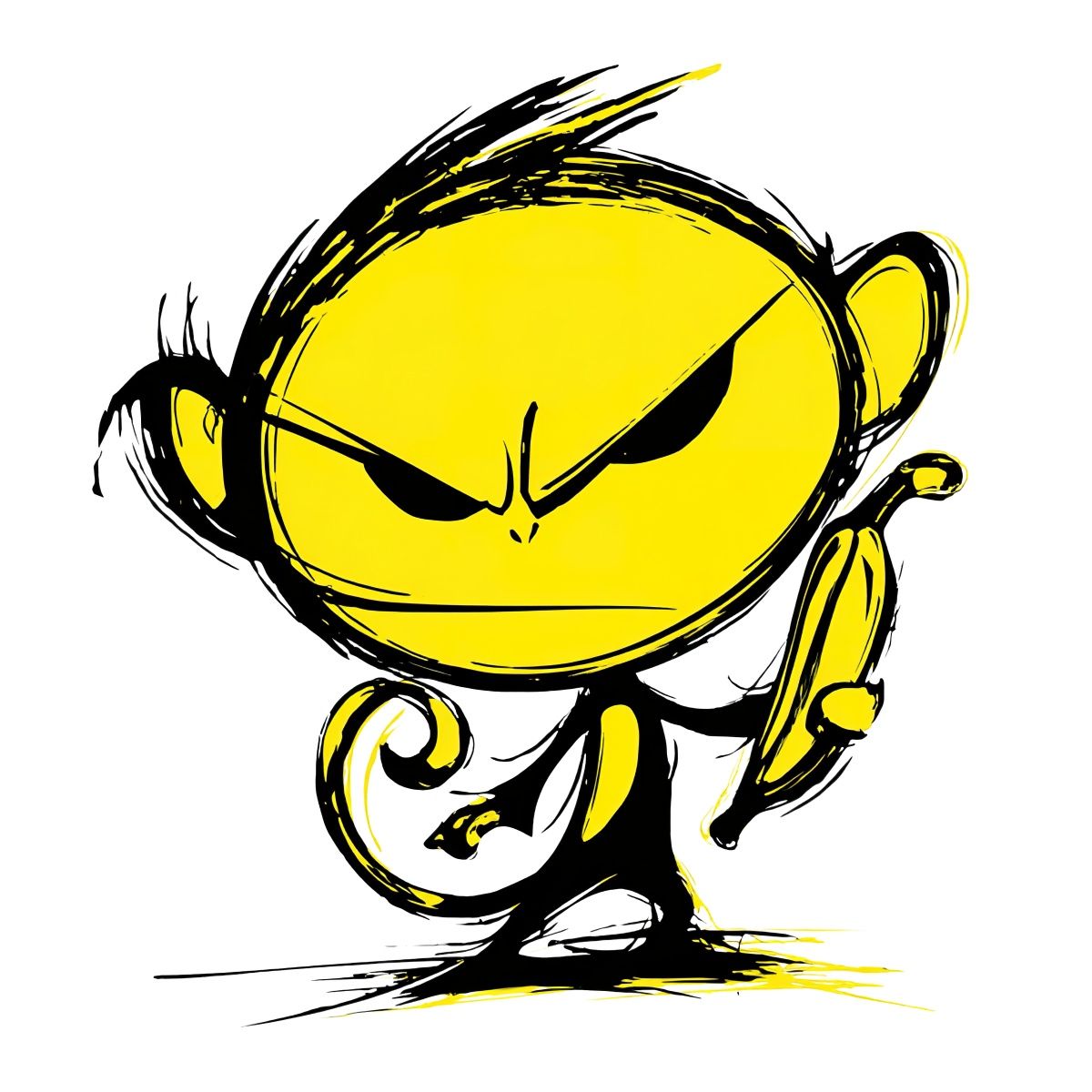 Yellow monkey illustration with black outlines holding a banana.