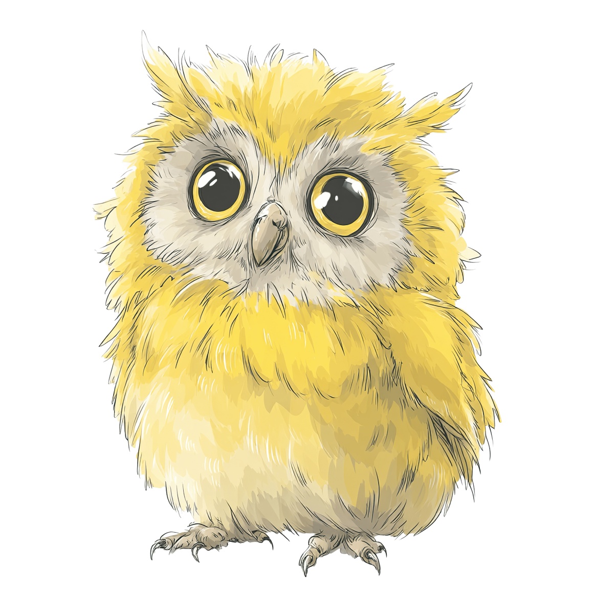 Yellow owl with large eyes and detailed feathers in clipart style.