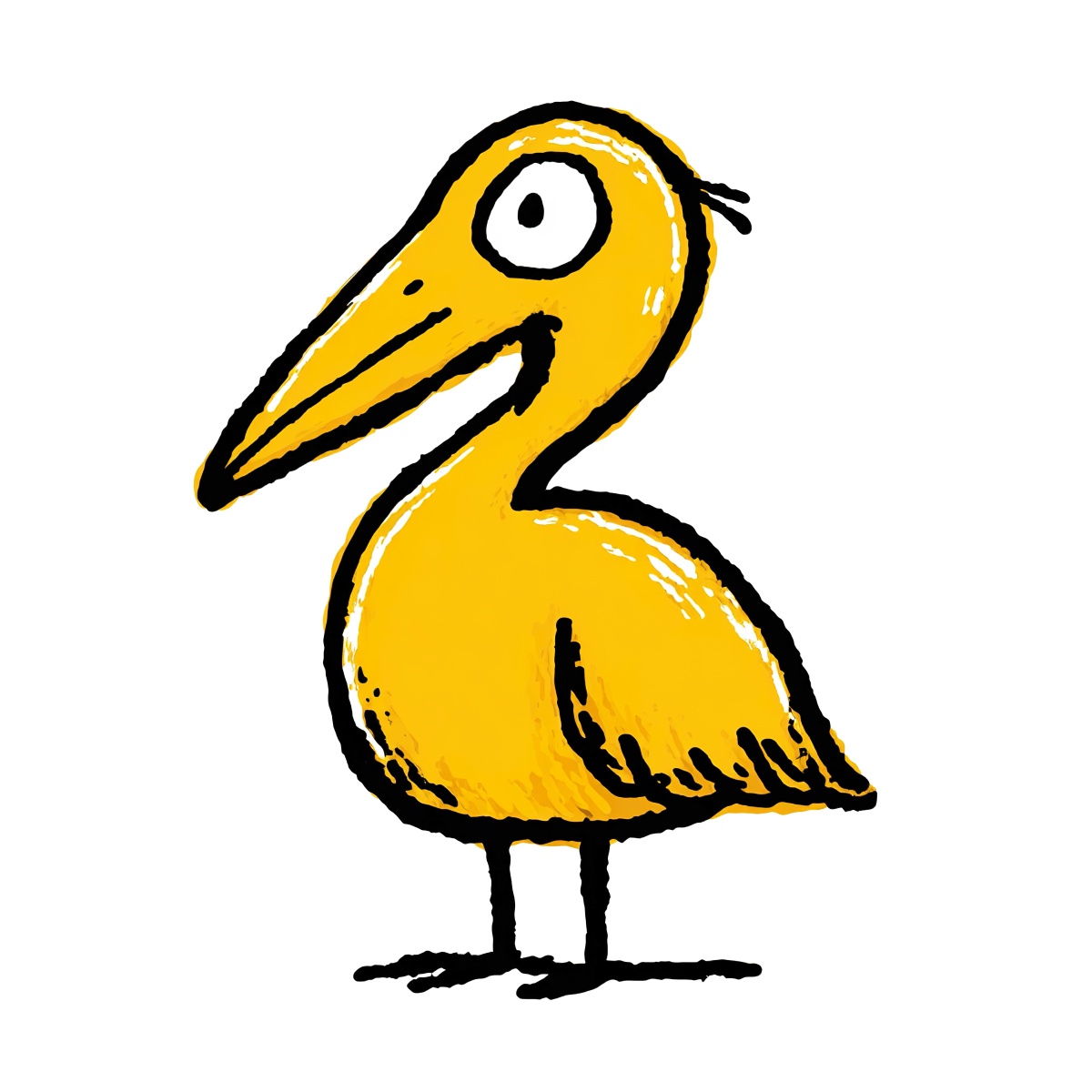 Yellow pelican with large beak and bold black outline.