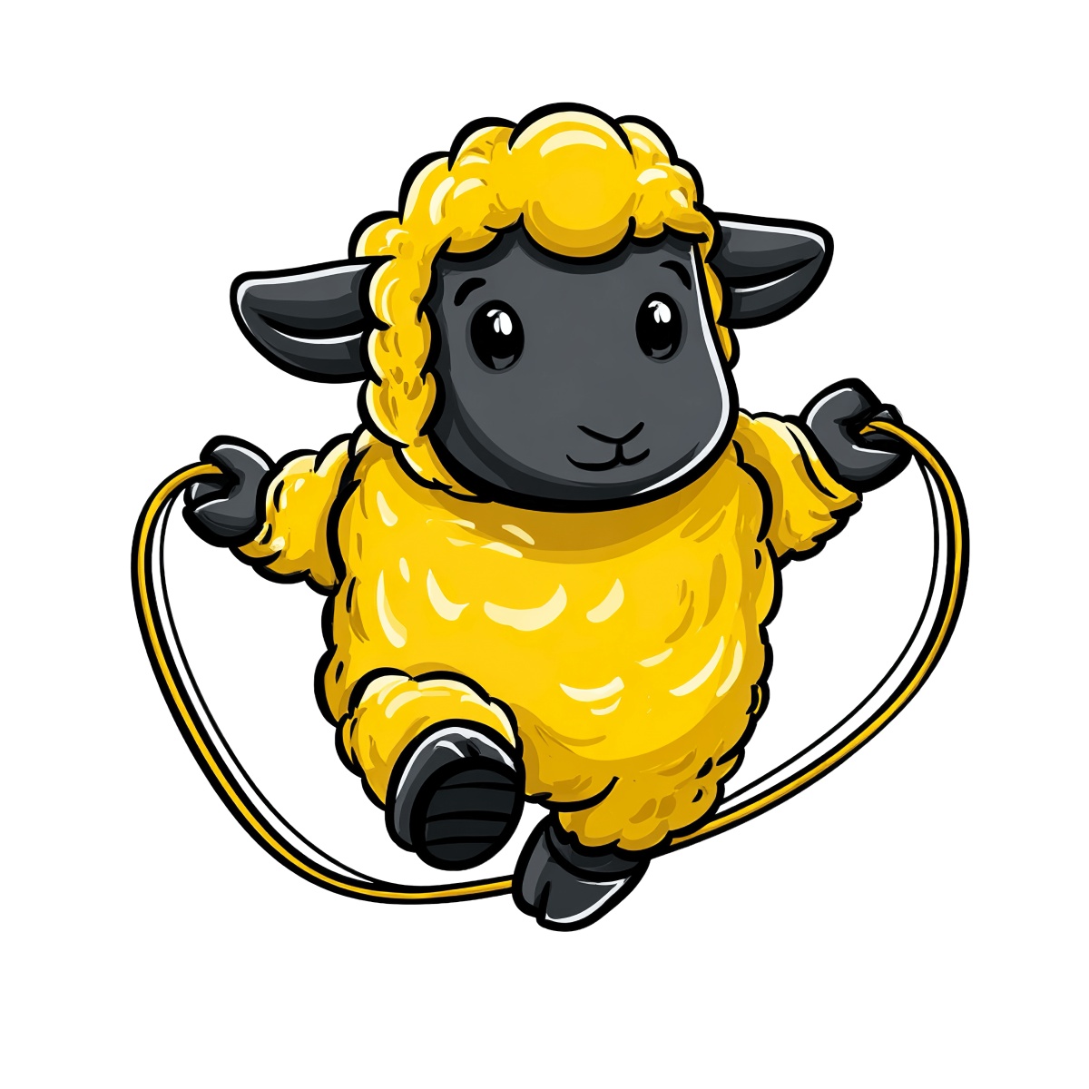 Yellow cartoon sheep jumping rope with black face and ears.
