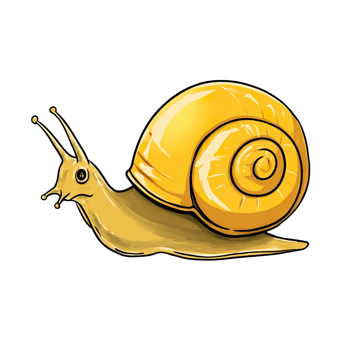 Yellow snail with a spiral shell and detailed antennae, illustrated style.