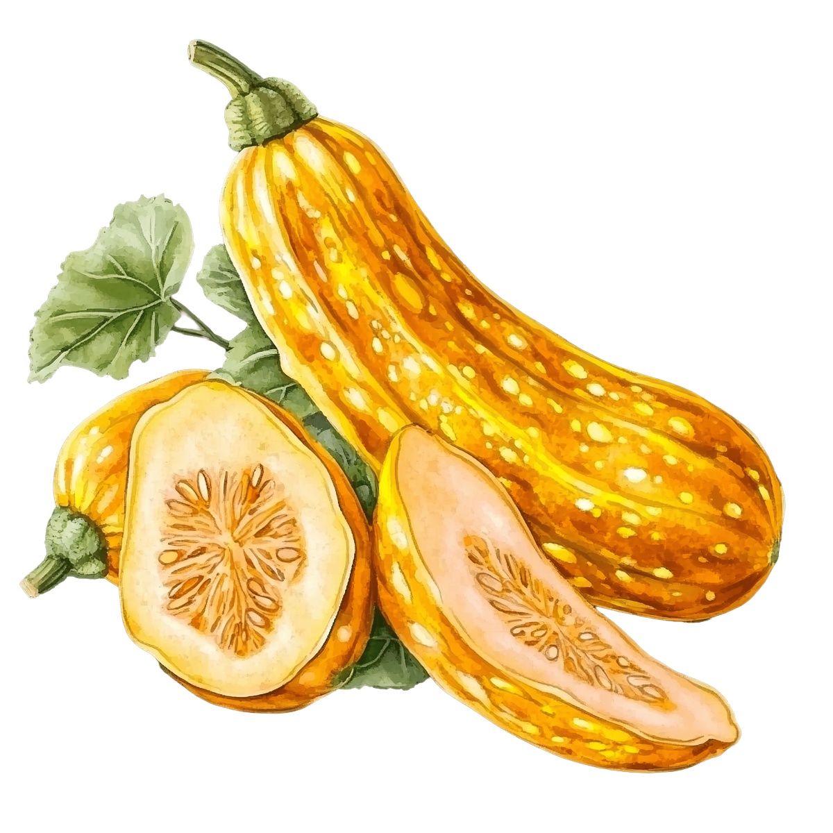 Yellow squash with green leaves and sliced sections shown.