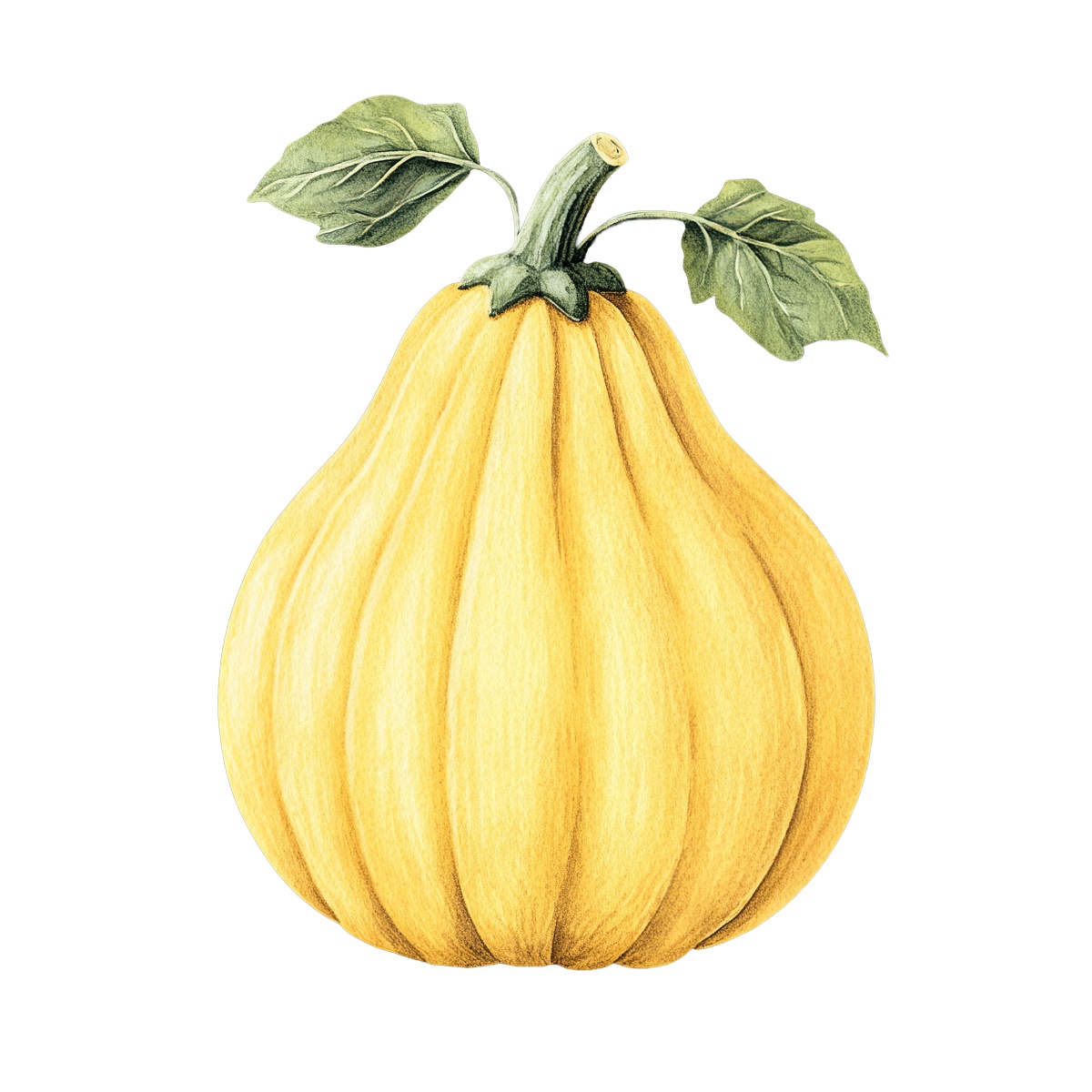 Yellow squash with green leaves in a clipart style.