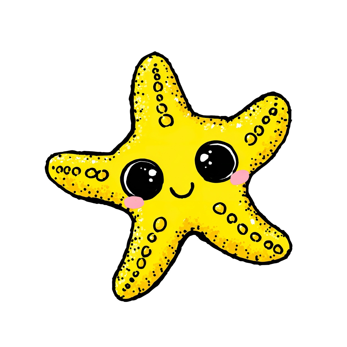 Yellow starfish cartoon with large eyes and dotted texture on black.