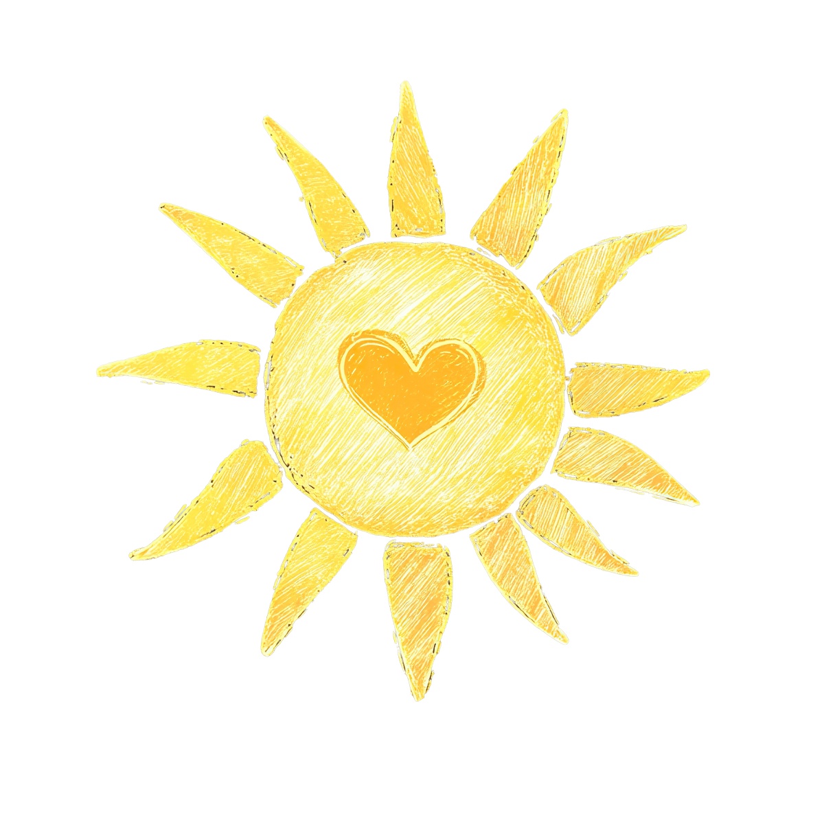 Yellow sun with a heart center and rays on a black background.