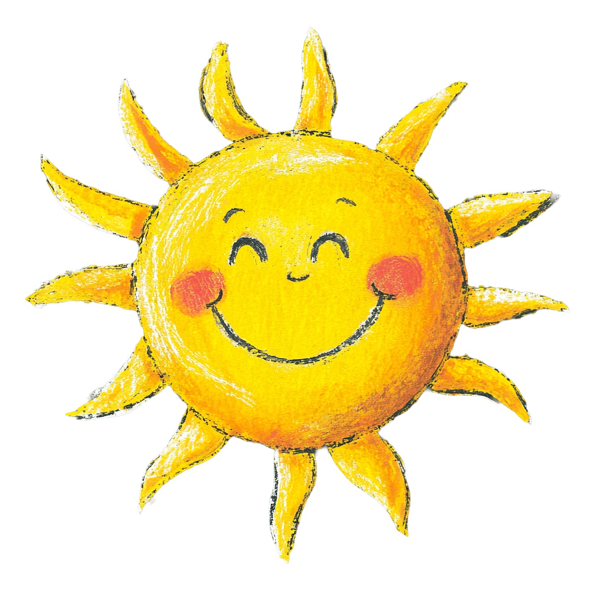 Yellow sun with a smiling face and radiating yellow spokes in illustration.