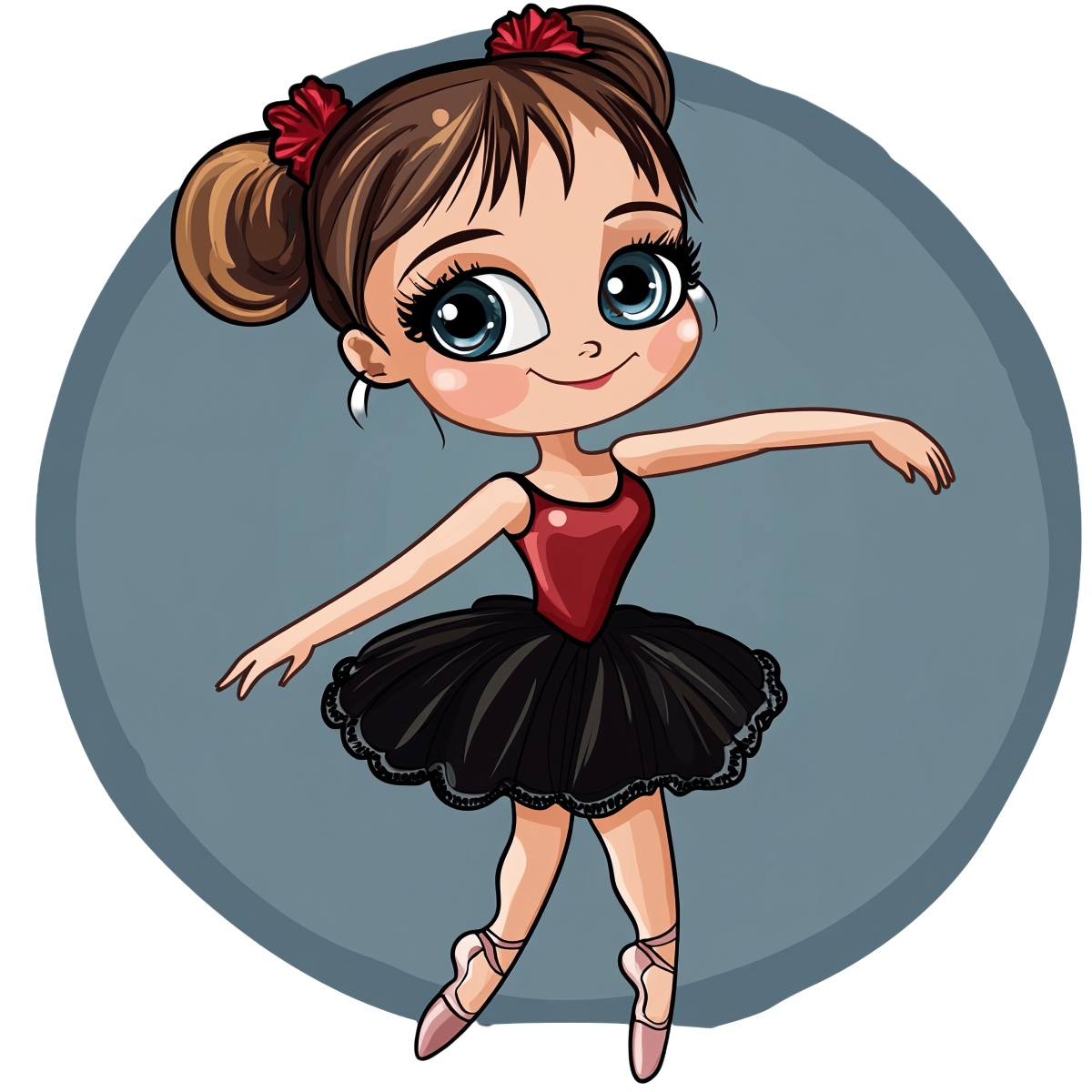 Young ballerina in a black tutu and red top performing a ballet pose.