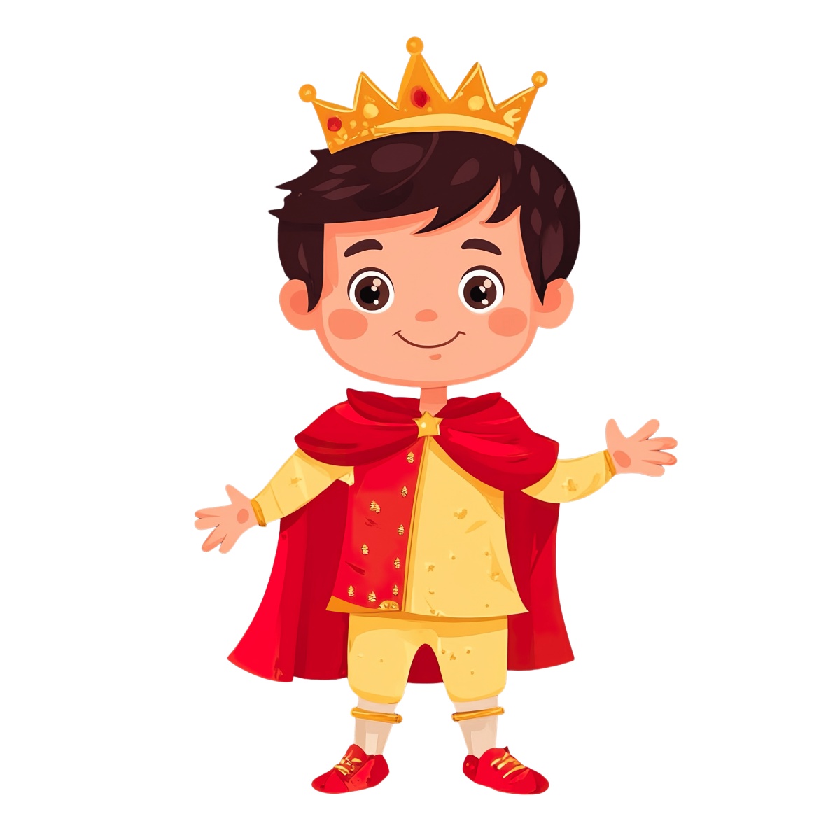 Young boy in a prince costume with a crown and red cape.