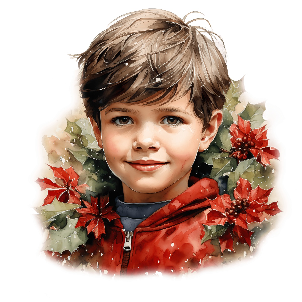 Young boy in a red jacket with poinsettias, conveying a holiday theme.