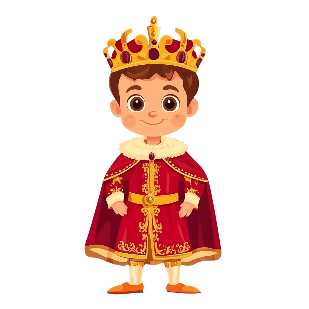 Young boy in a royal costume with a crown and cape.