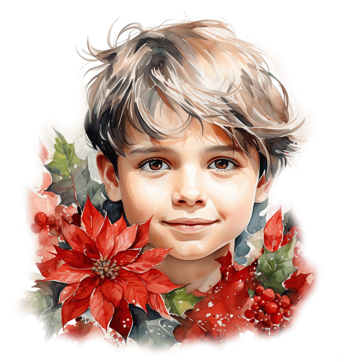 Portrait of a child surrounded by holiday poinsettia and holly leaves.