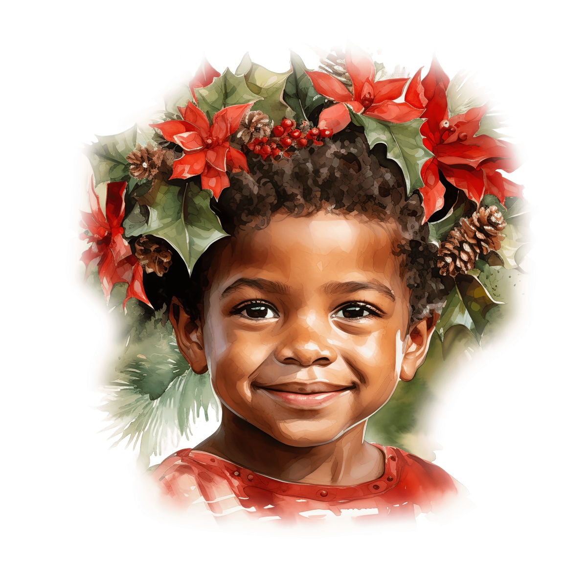 Young child with a decorative holiday wreath of red flowers and pinecones.