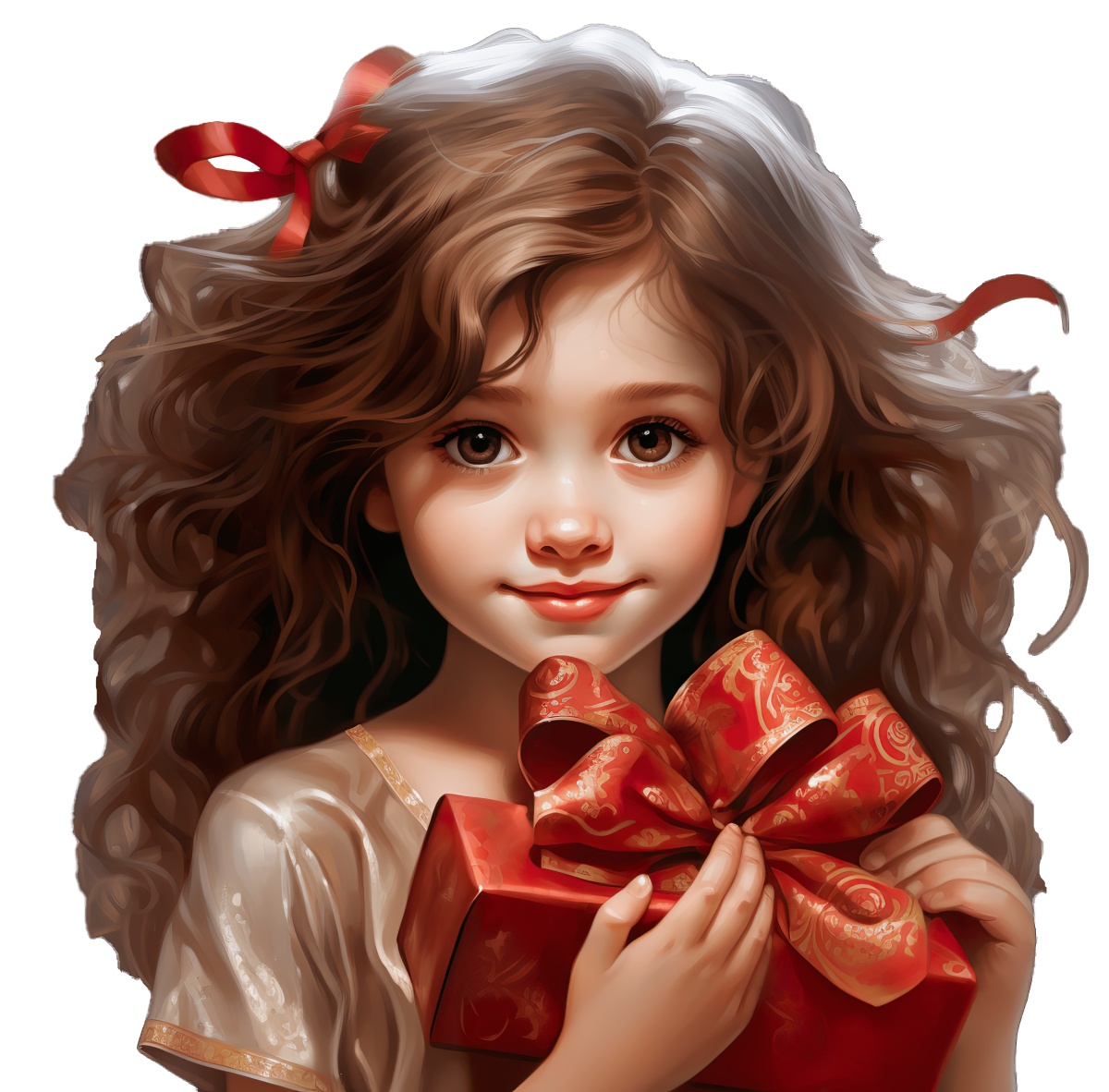 Young girl with long hair holding a red gift box with ribbon.