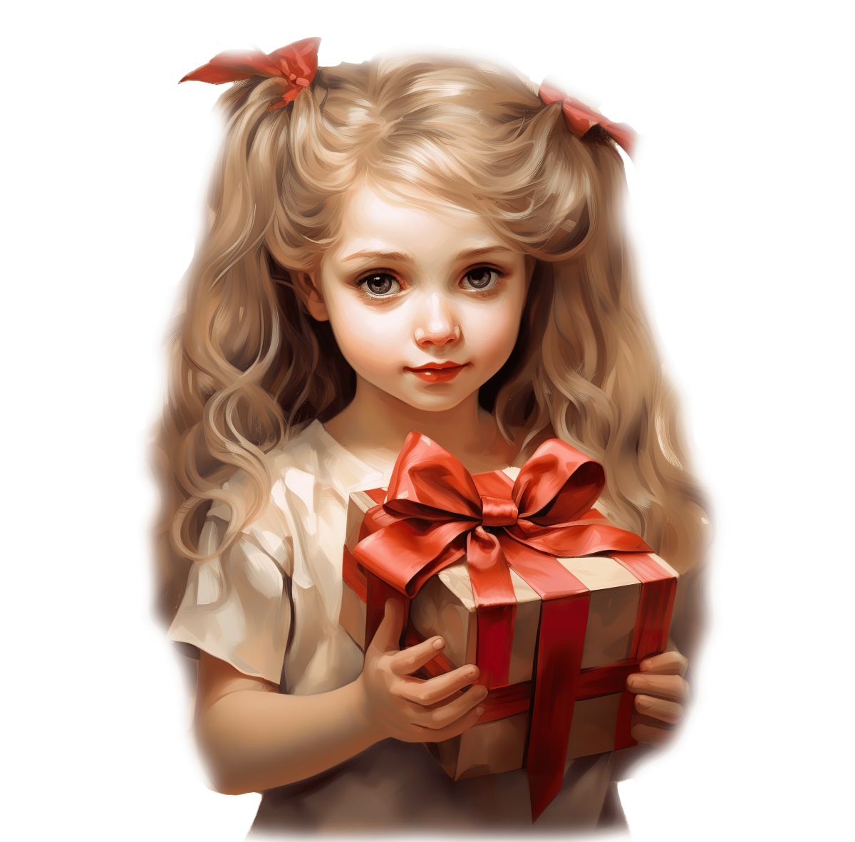 Young girl with long hair holding a gift wrapped with a red ribbon.