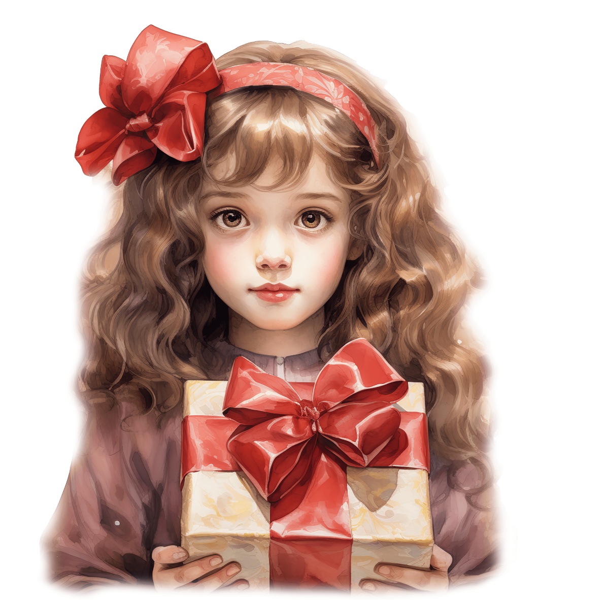 Young girl with curly hair holding a gift wrapped with red ribbon.