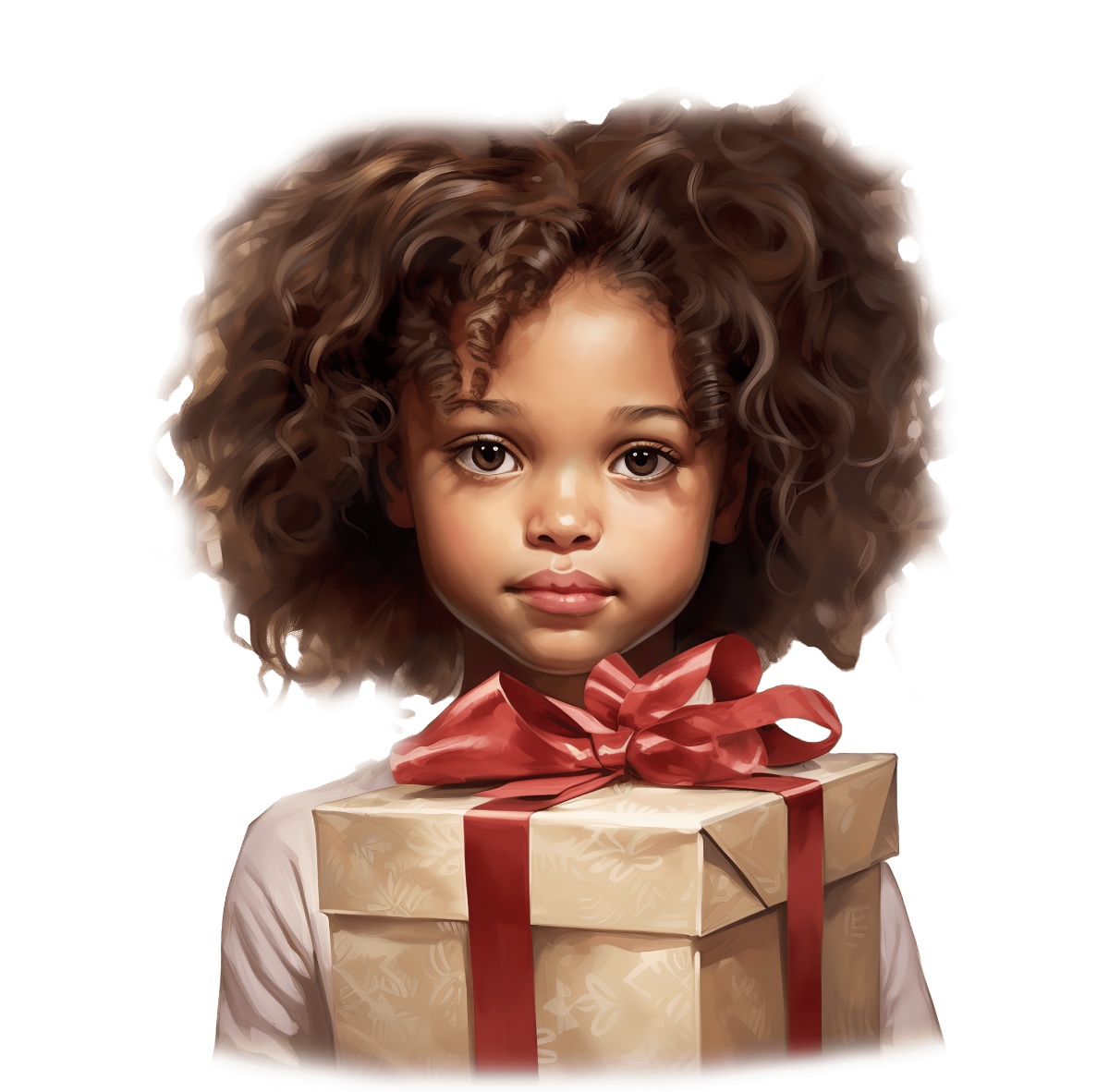 Young girl with curly hair holding a gift box with a red ribbon.