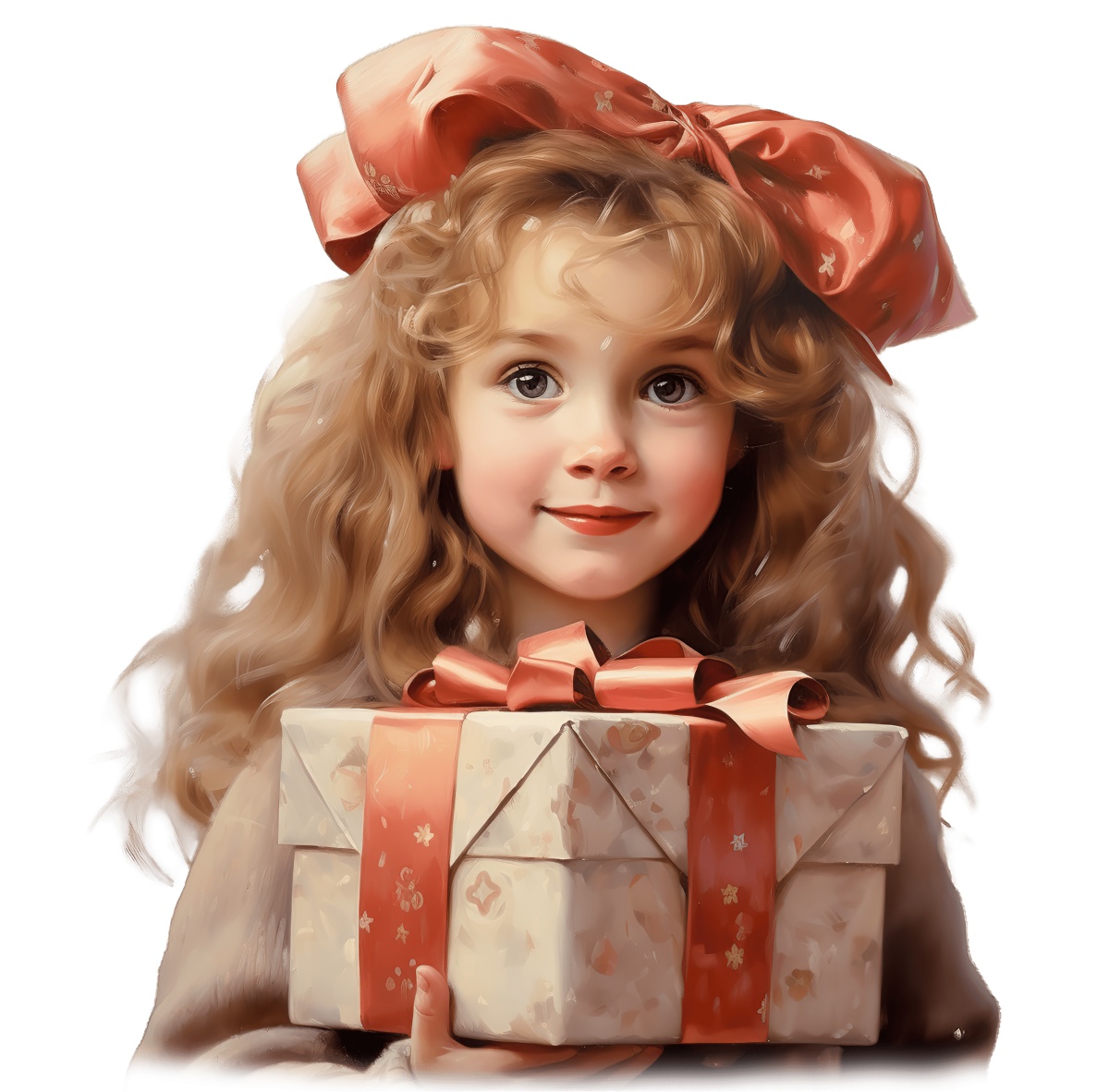 Young girl with a large ribbon holding a decorated gift box.