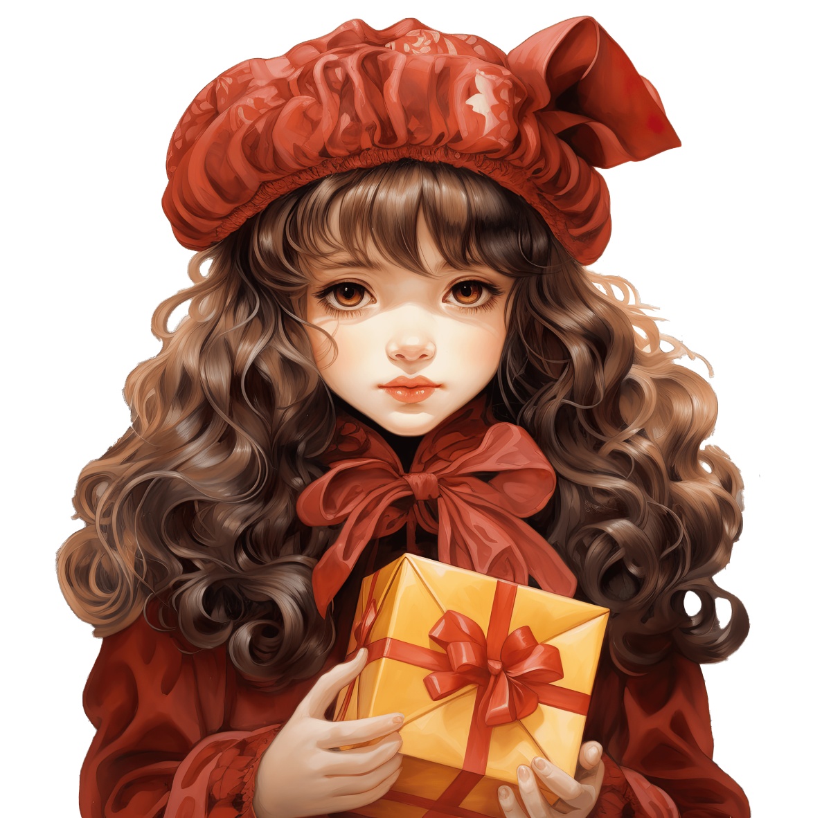 Young girl with curly hair and red beret holding a wrapped gift box.