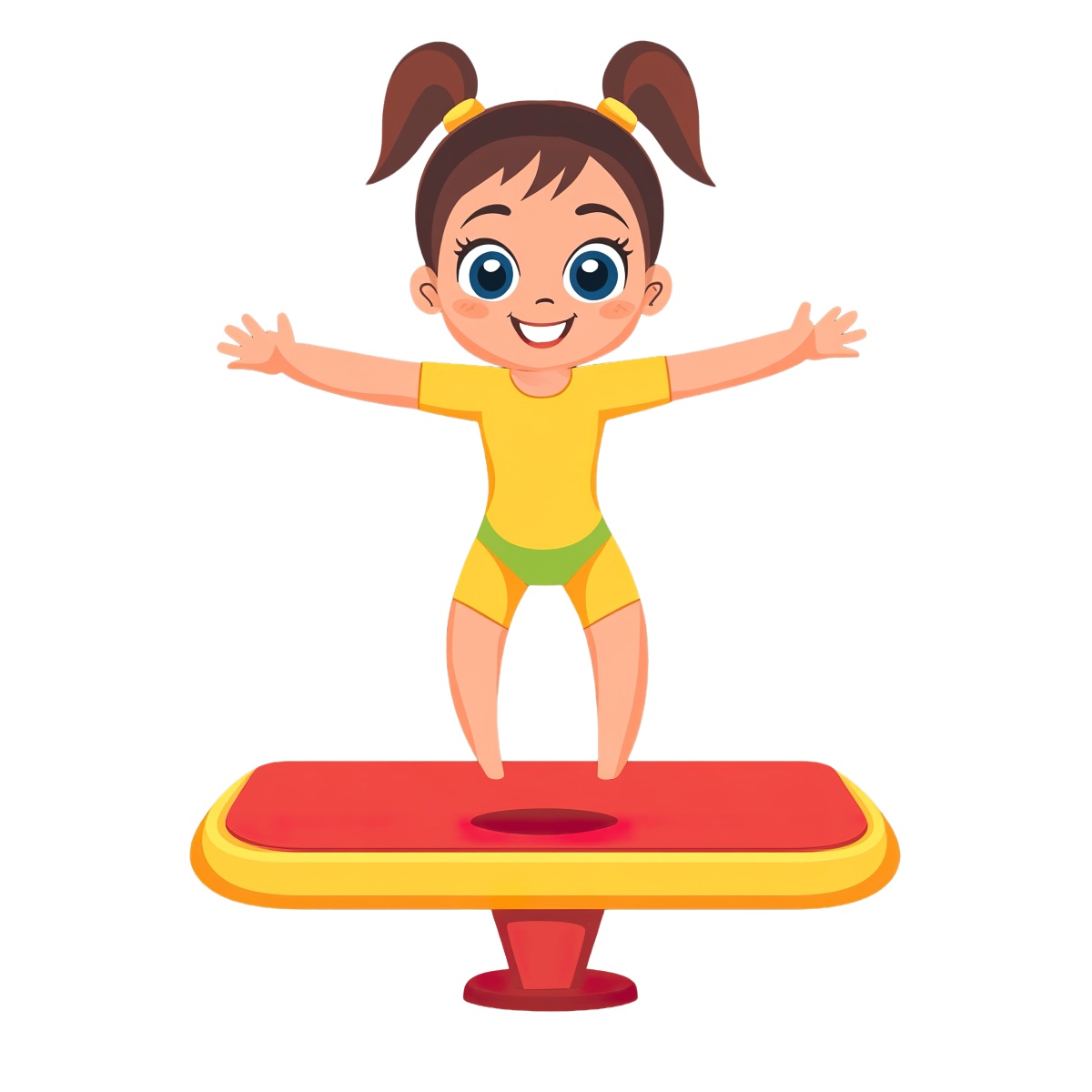 Young girl in yellow leotard practicing gymnastics on a vaulting table.