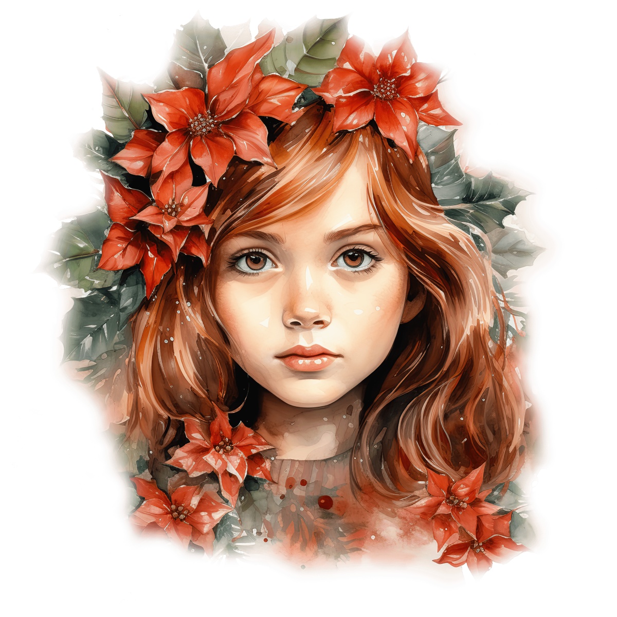 Young girl with red poinsettia flowers in hair for a festive holiday look.