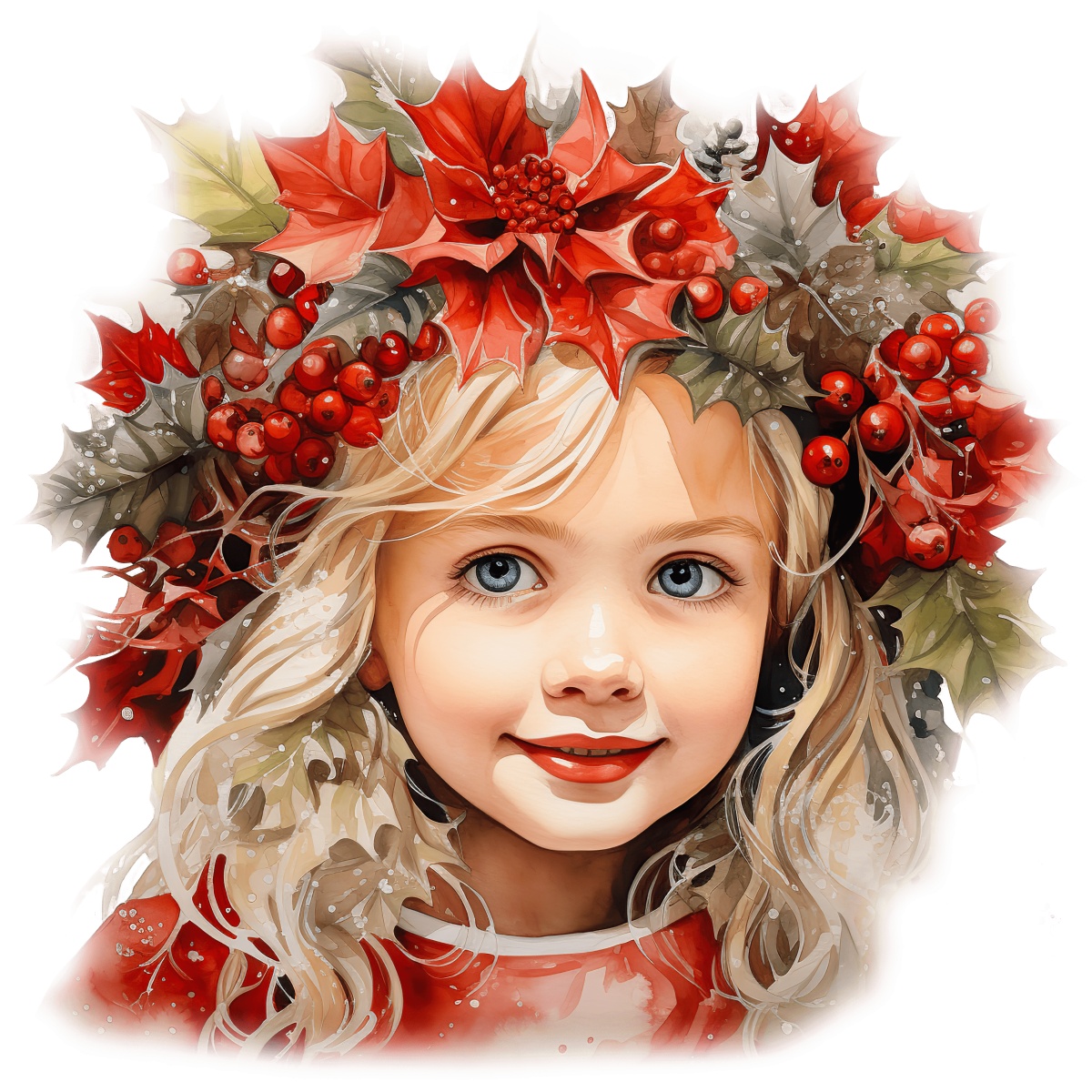 Girl with blond hair wearing holly leaf and berry wreath on head.