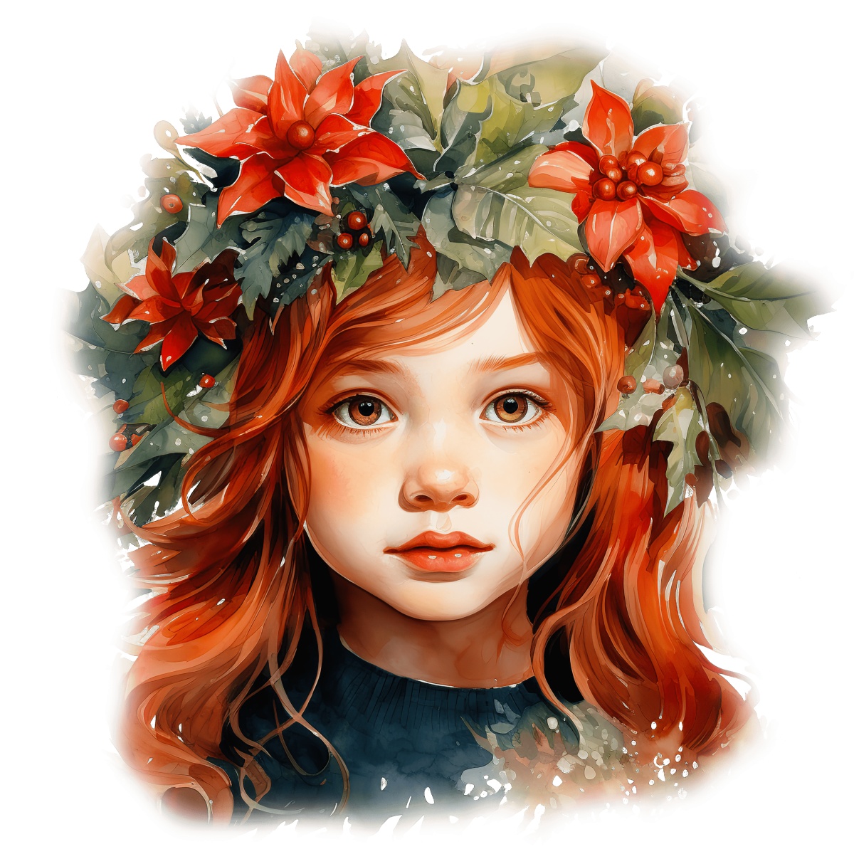 Girl with red poinsettia and greenery wreath symbolizing the holiday season.