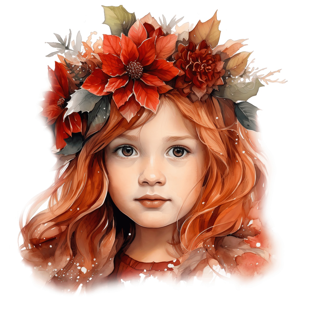 Portrait of a young girl with red hair and a floral headpiece.