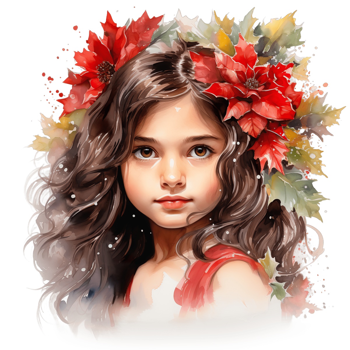 Young girl wearing a wreath of red flowers and autumn leaves in her hair.