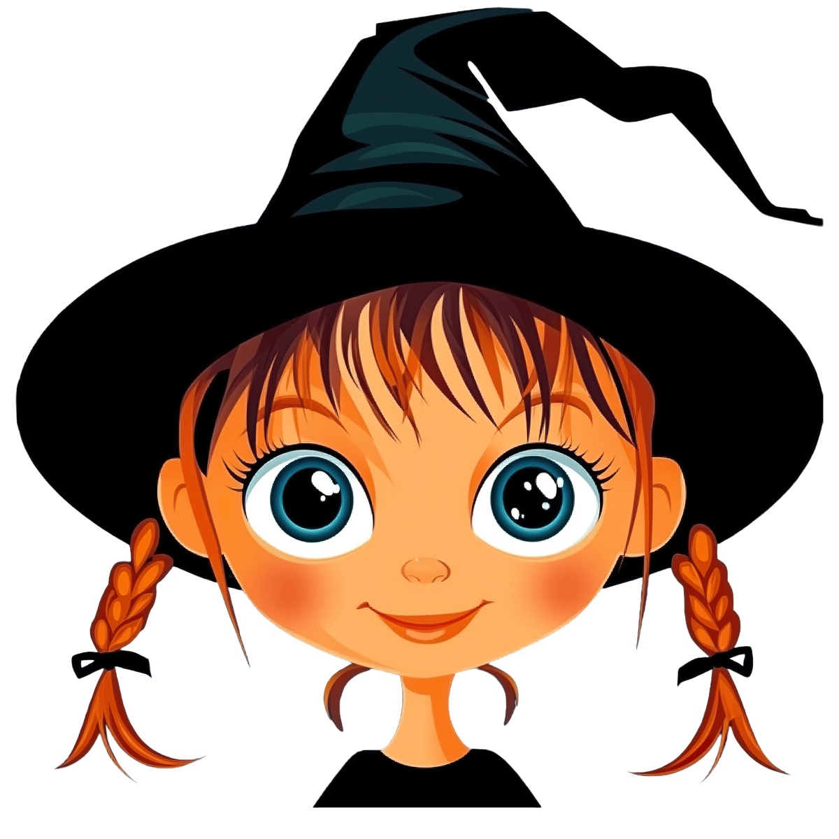 Young witch with braids and a large black hat for Halloween.