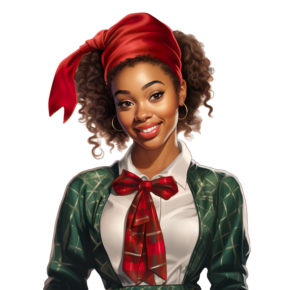 Young woman wearing a red headscarf and green jacket, smiling warmly.