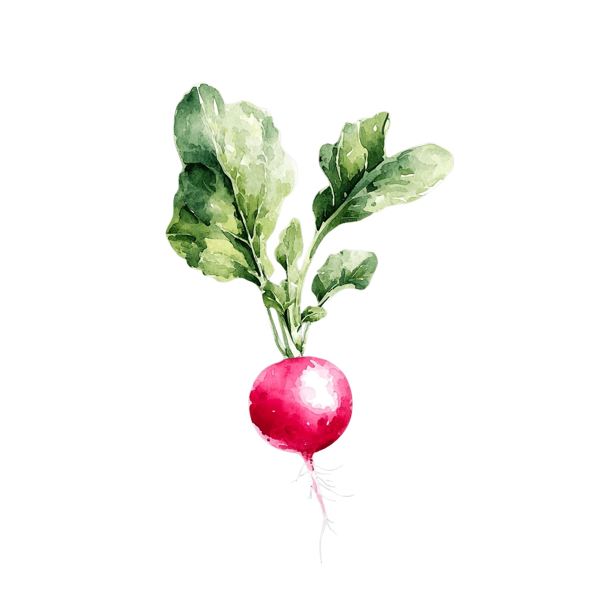 Watercolor radish with green leaves.