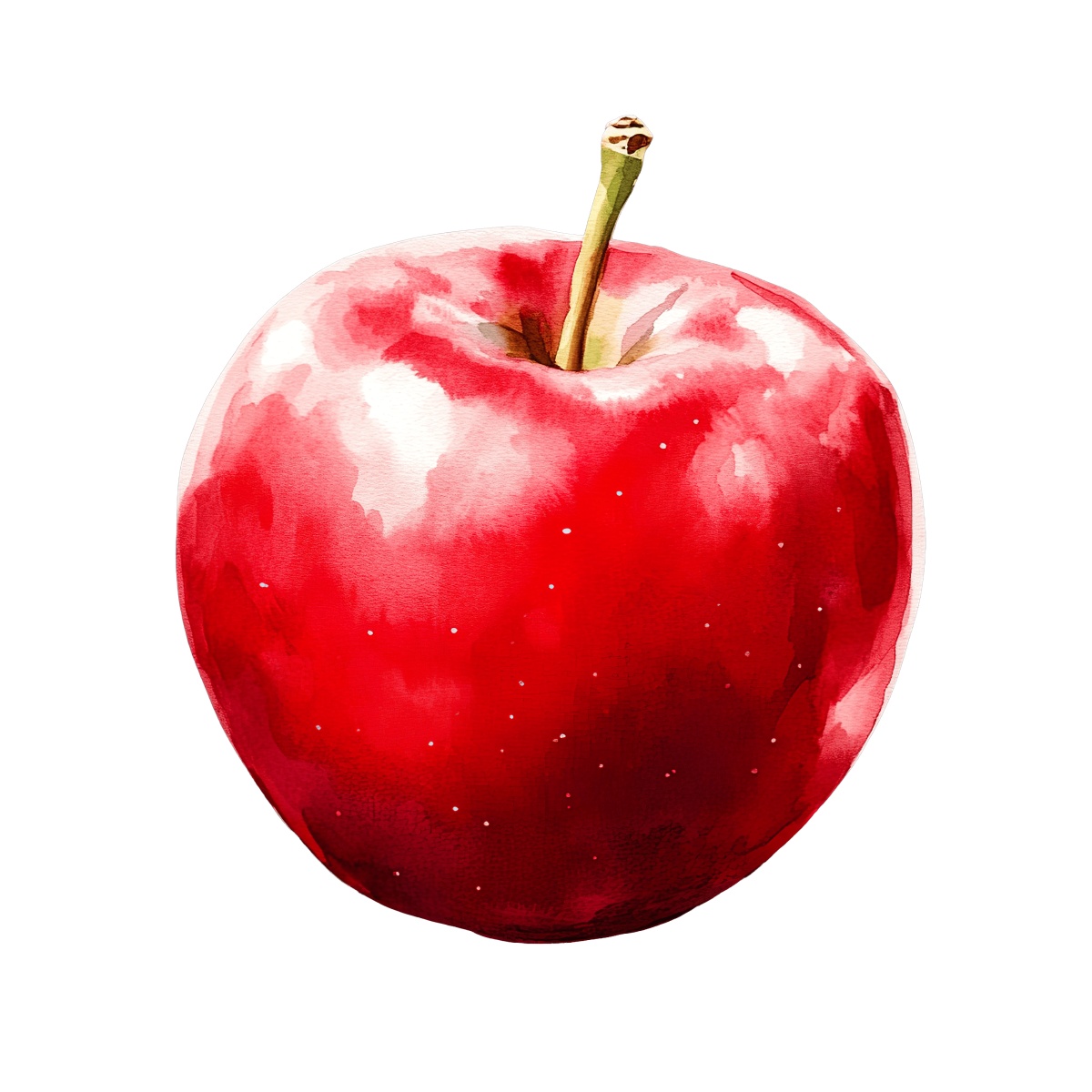 Watercolor-style red apple with a stem.