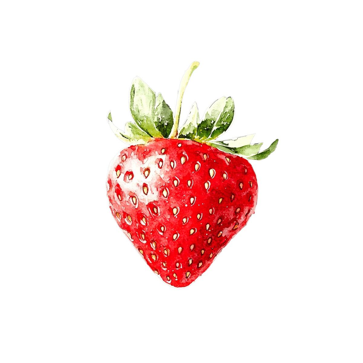 Watercolor strawberry with green leaves.