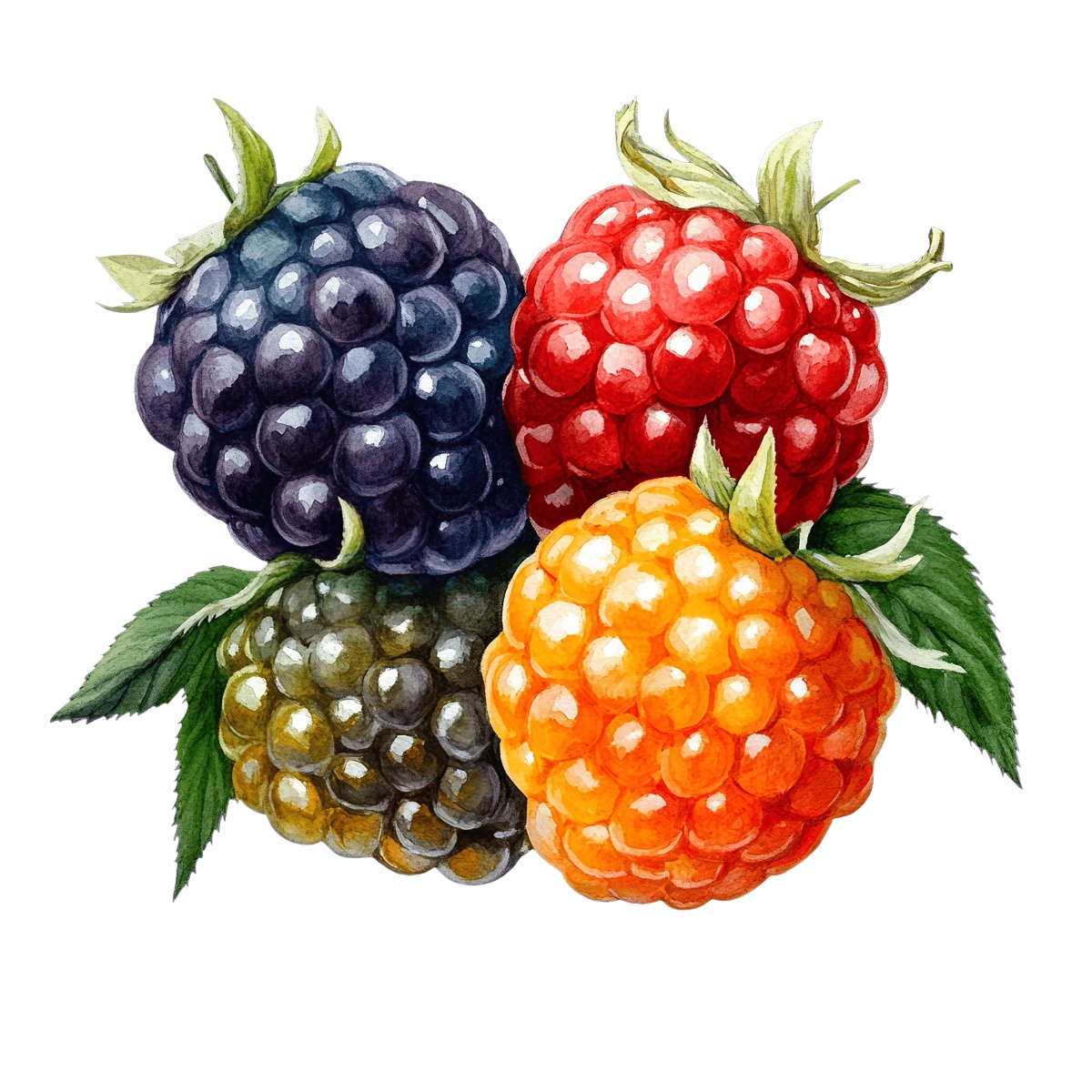 Assorted colorful berries with leaves depicted in detailed clipart style.